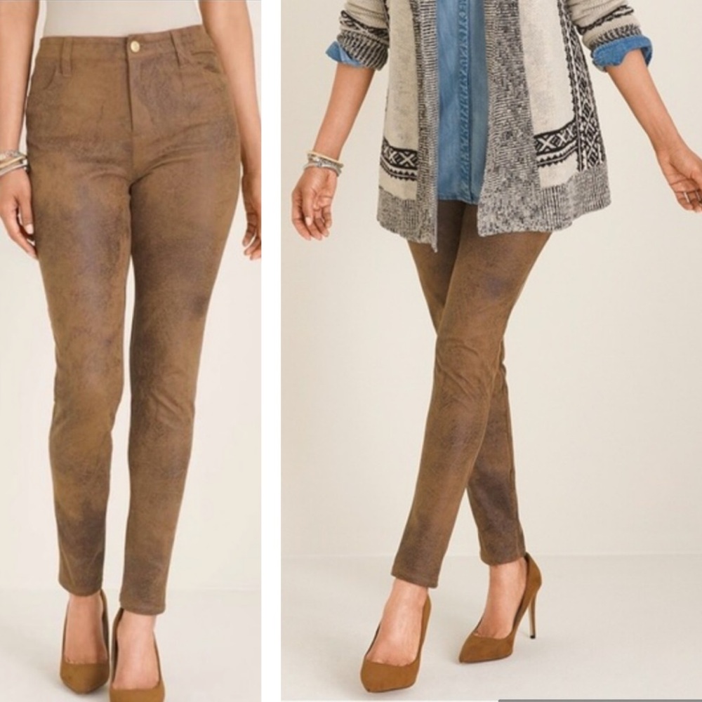 Chico's Stretchβ Brown Coated Faux-Suede Worn Luggage Slim Pants Size 14